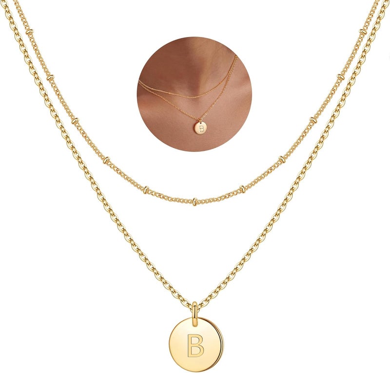 IEFWELL Valentines Gifts - Initial Necklaces for Women Girls, 14K Gold-Plated Silver Double Side Engraved Hammered Coin Necklaces, Layered Necklace Jewelry Pendant for Teen Girls - Image 1